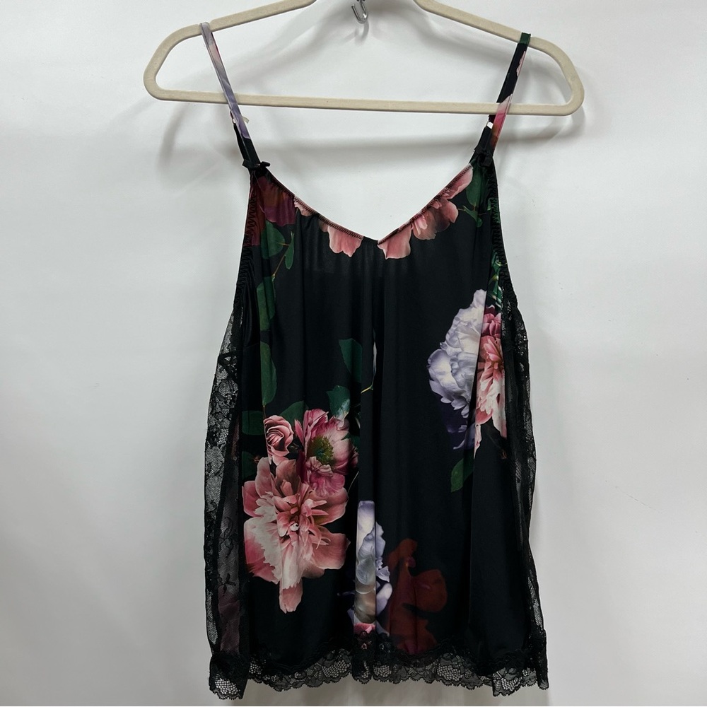 Cacique 14-16 Black Floral Cami lingerie top sheer lace side panels & hem tank